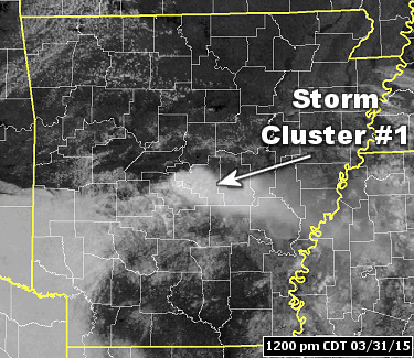 The satellite showed a cluster of severe storms building from central into southeast Arkansas during the afternoon of 03/31/2015. By 300 pm CDT, new storms started popping up across the northern counties.