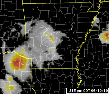 The satellite showed one area of clouds and precipitation from southwest into central Arkansas during the afternoon of 06/10/2010. This was followed closely by an MCS (Mesoscale Convective System...or large cluster of showers and thunderstorms) by evening.