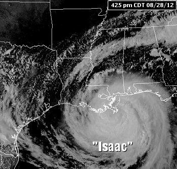 Hurricane Isaac was just off the coast of Louisiana at 425 pm CDT on 08/28/2012. 