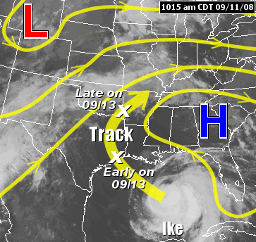 Ike tracked around high pressure ("H") in the southeast United States.