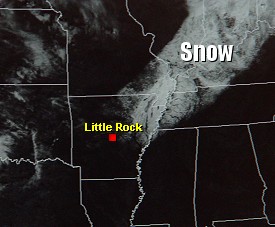The satellite showed snow on the ground from Arkansas into the Ohio Valley on 12/27/2004.