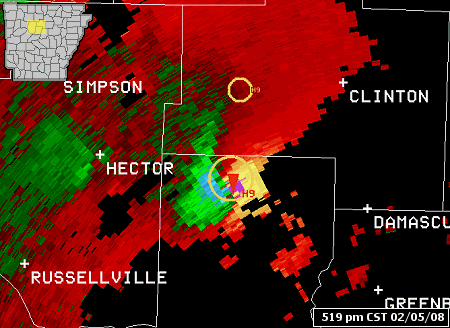 The WSR-88D (Doppler Weather Radar) Storm Relative Velocity Map (SRM) image indicates strong rotation in northern Conway County between Russellville (Pope County) and Clinton (Van Buren County) at 519 pm CST on 02/05/2008.