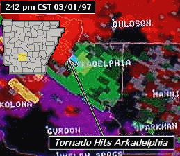 The WSR-88D (Doppler Weather Radar) showed strong rotation at Arkadelphia (Clark County) at 242 pm CST on 03/01/1997.