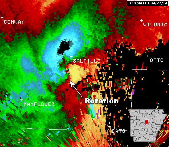 The WSR-88D (Doppler Weather Radar) showed strong rotation between Mayflower and Vilonia (both in Faulkner County) at 738 pm CDT on 04/27/2014. There was also a debris ball present, which is a very good indicator of a tornado causing damage.