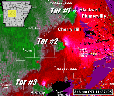 The WSR-88D (Doppler Weather Radar) showed areas of strong rotation with tornadoes produced on 11/27/2005. Tor #1 tracked through Blackwell (Conway County), Tor #2 hit Cherry Hill (Perry County) and Plumerville (Conway County) and Tor #3 affected areas near Pearcy (Garland County).  By the time the event was over, two dozen tornadoes were counted.