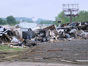 Dozens of recreational vehicles were destroyed at a dealership along Interstate 40 at Mayflower (Faulkner County).