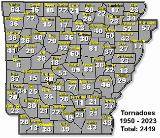 Number of tornadoes from 1950 through 2023.