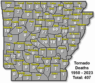 Number of tornado deaths from 1950 through 2023.