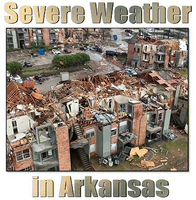 This is the cover of the "Severe Weather in Arkansas" guide significant damage to apartment buildings in west Little Rock (Pulaski County) on 03/31/2023. The photo (obtained from video) is courtesy of Brian Emfinger via YouTube.
