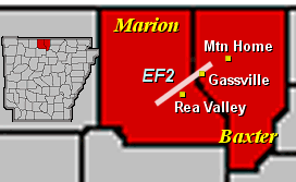 A tornado rated EF2 tracked through portions of Marion and Baxter Counties on 02/05/2008.