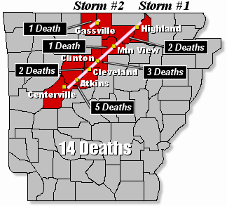 Two deadly tornadic supercells (storms with rotating updrafts) moved across northern Arkansas on 02/05/2008.