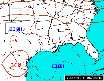 A storm system ("LOW") tracked into Arkansas from the southwest by 06/10/2010. The system moved around a building ridge of high pressure ("HIGH") in the southeast United States.