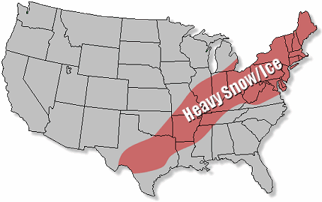 Winter warnings and advisories for heavy snow and ice extended from Texas and Arkansas into the Ohio Valley and New England as of 11 pm CST on 01/27/2009.