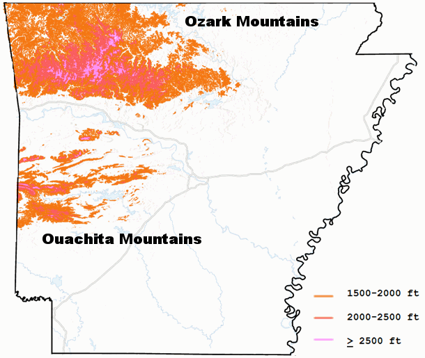 Elevations above 1500 feet in Arkansas are in the Ozark and Ouachita Mountains across northern and western sections of the state.