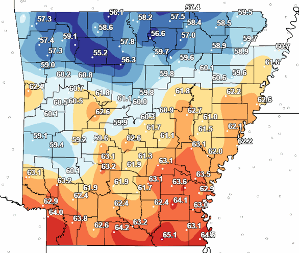 1991-2020 Average annual temperature for Arkansas.
