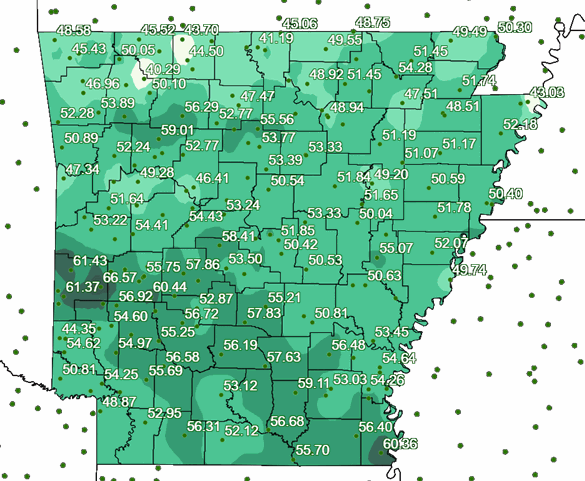1991-2020 Average annual precipitation for Arkansas.
