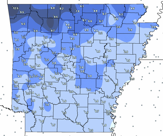 1991-2020 Average annual snowfall for Arkansas.