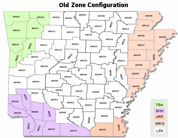 Old zone configuration in Arkansas. Five National Weather Service offices serve the state: Little Rock (LZK), Tulsa (TSA), Shreveport (SHV), Jackson (JAN), and Memphis (MEG). 