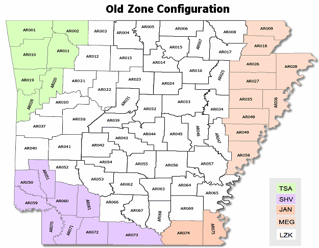 Old zone configuration in Arkansas. Five National Weather Service offices serve the state: Little Rock (LZK), Tulsa (TSA), Shreveport (SHV), Jackson (JAN), and Memphis (MEG).Â