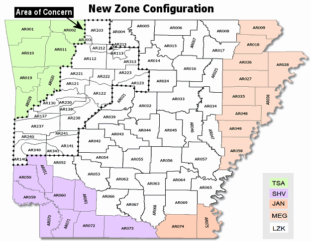 New zone configuration in Arkansas. Eleven zones in the Little Rock (LZK) County Warning Area were split into twenty five zones based on elevation (mainly in the Ozark and Ouachita Mountains in northern and western sections of the state).