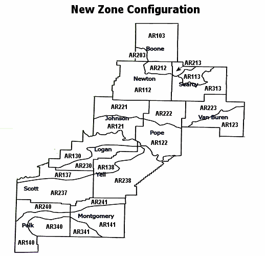 Closeup of new zone configuration in northern and western Arkansas.