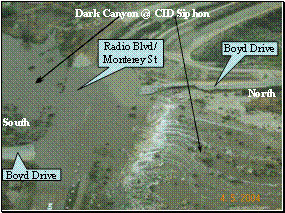 Aerial photograph of flooding through Dark Canyon Draw