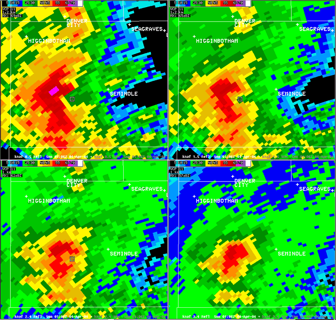 Reflectivity radar image of a storm in Gaines county