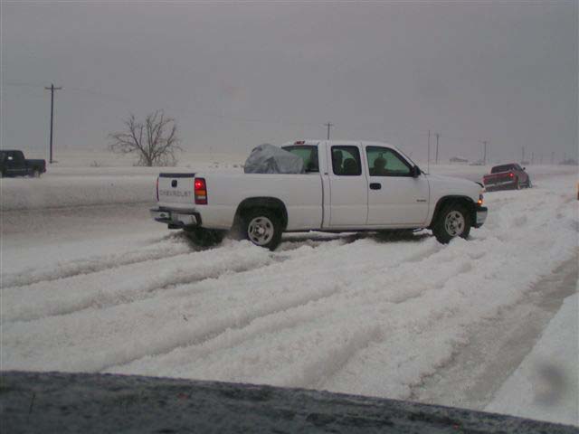 Photo of hail covered roads in Gaines county