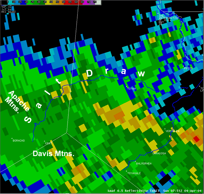 Radar image of widespread rain over Reeves county