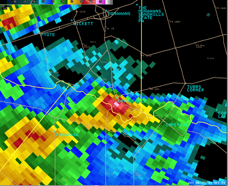 radar image of a severe thunderstorm approaching Grandfalls