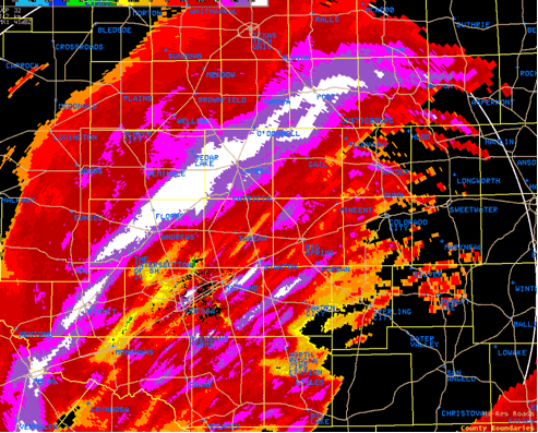 Radar image of heavy snowfall across west Texas