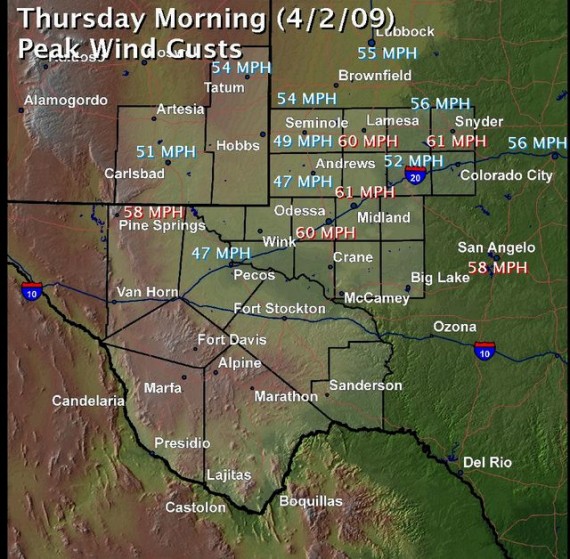 graphic showing peak wind speeds