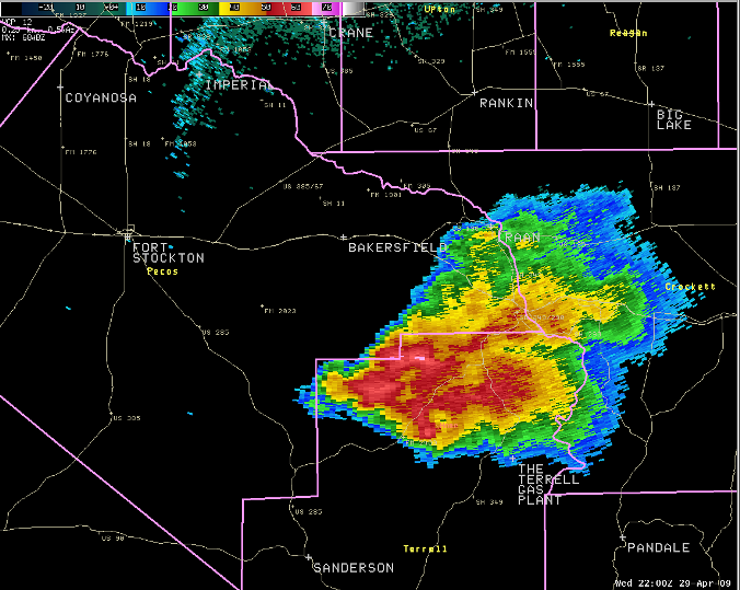 Reflectivity image showing the position of the supercell thunderstorm