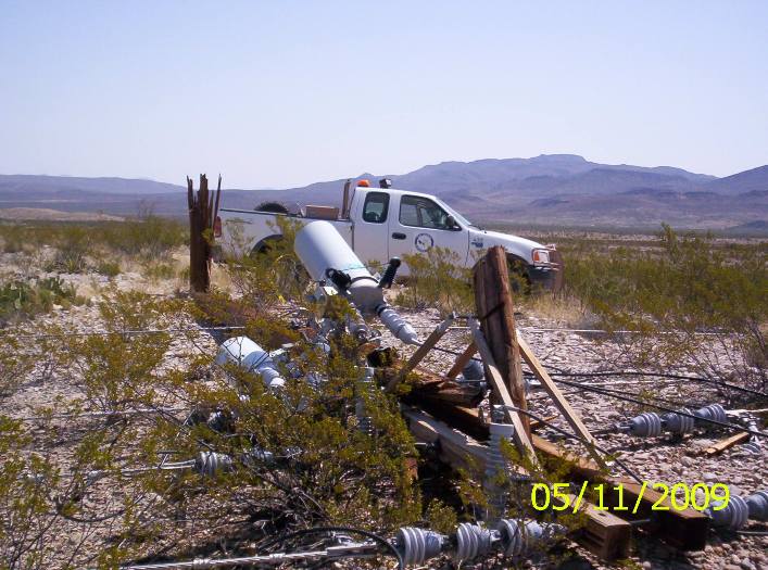 Damaged distribution poles north of Farm to Market Road 2627 in Brewster County.