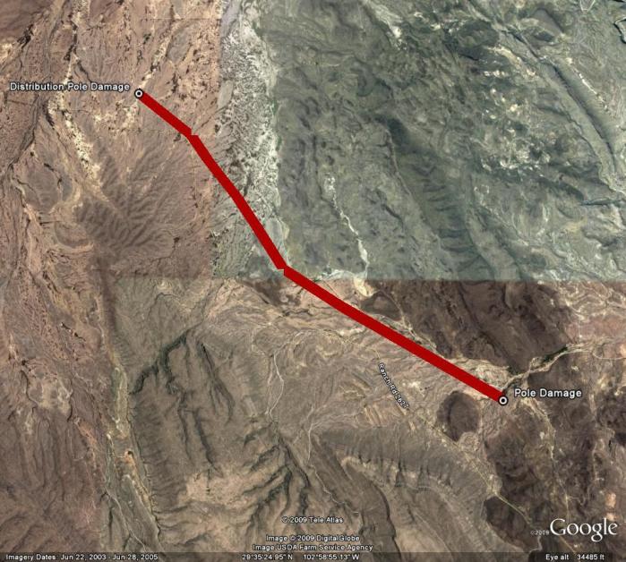 Storm damage area indicated in red on a Google map image