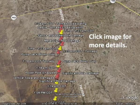Google Earth Image showing area of damage south of NoTrees, Texas
