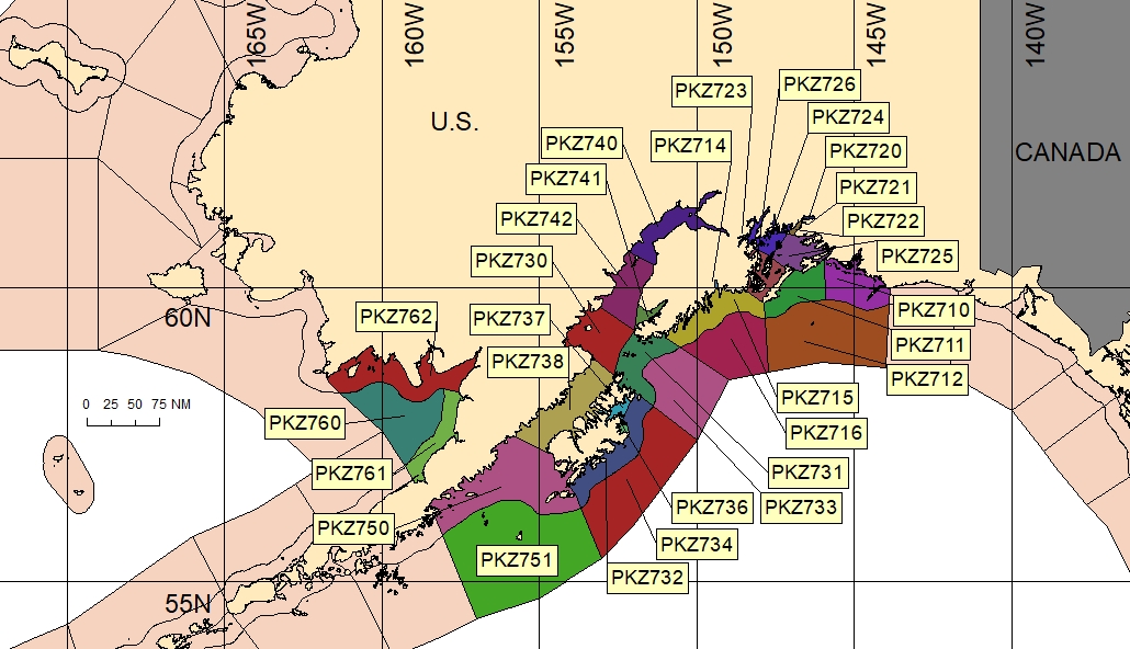 map showing marine forecast zones near Anchorage, AK