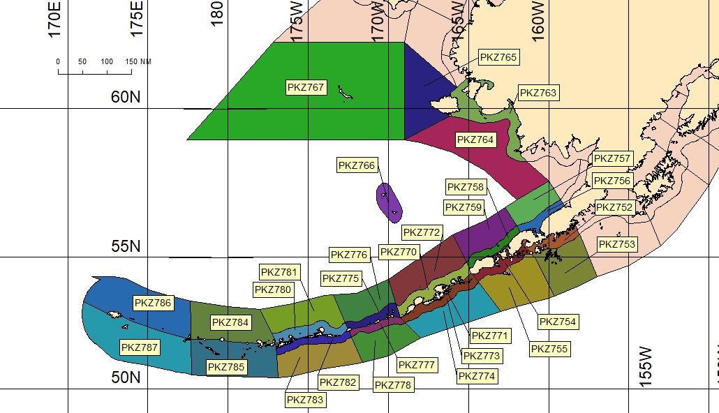 map showing marine forecast zones in southwest Alaska and the Aleutian Islands