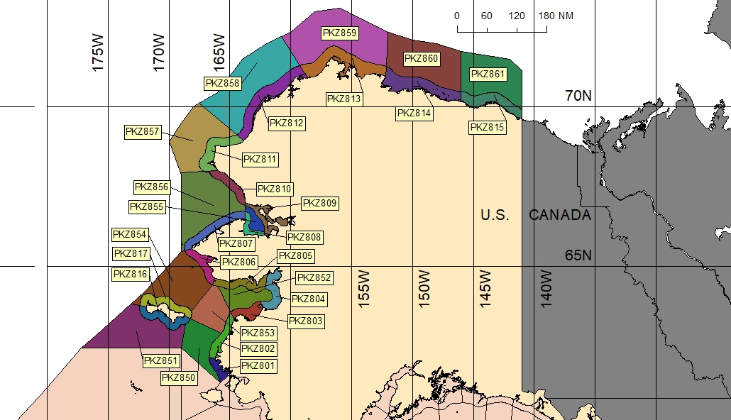 map showing marine forecast zones near Fairbanks, AK