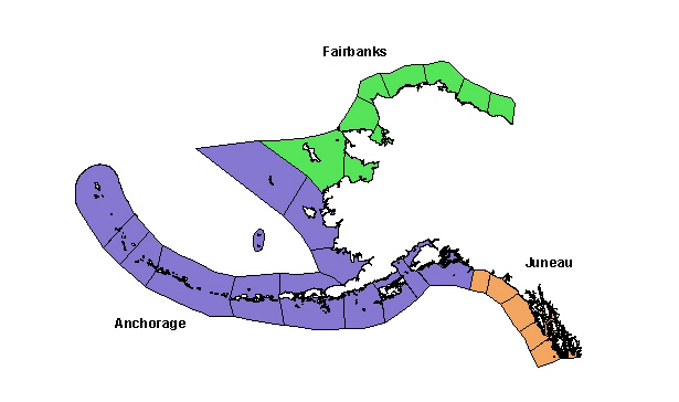 map of Alaska, highlighting NWS offices that issue marine forecasts
