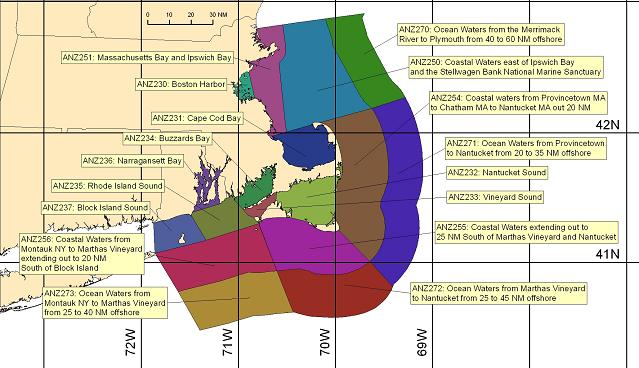 map showing marine forecast zones near Boston, MA