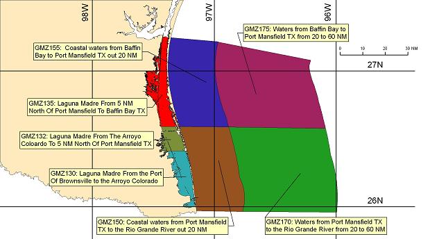 map showing marine forecast zones near Brownsville, TX