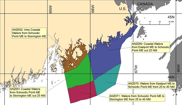 map showing marine forecast zones near Caribou, ME