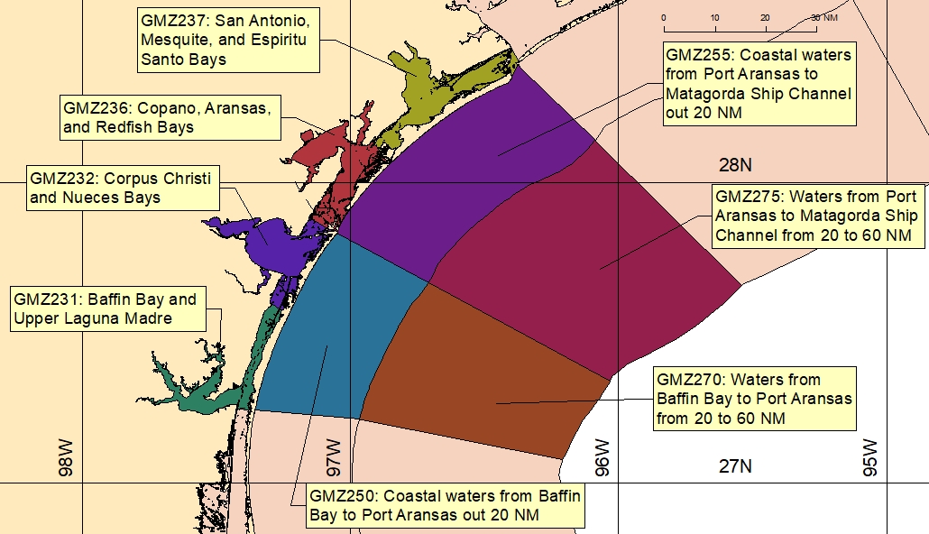 map showing marine forecast zones near Corpus Christi, TX