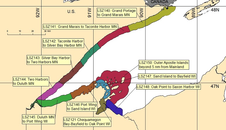 map showing marine forecast zones near Duluth, MN