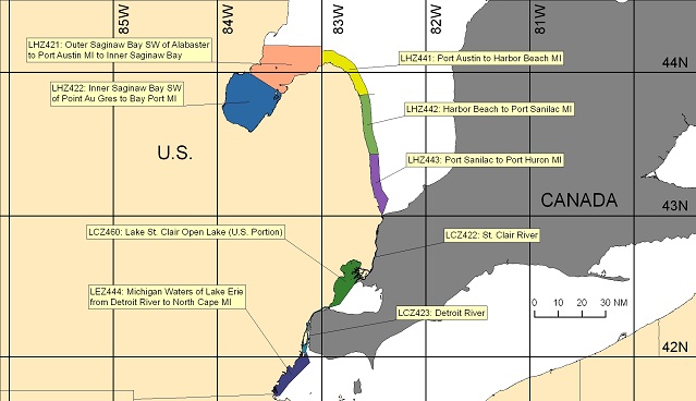 map showing marine forecast zones near Detroit, MI