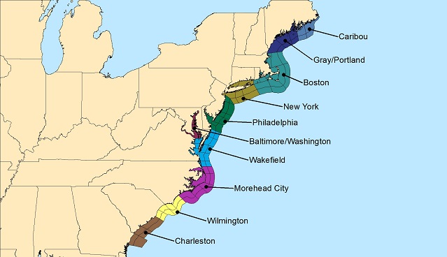 map of eastern United States, showing National Weather Service offices that issue marine forecasts
