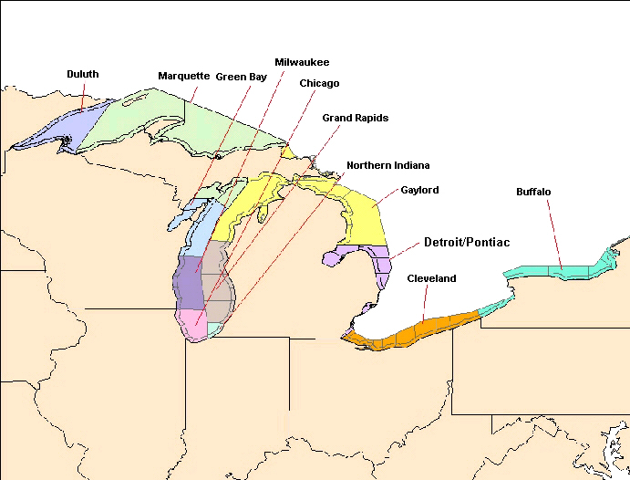map of Great Lakes, highlighting NWS offices that issue marine forecasts