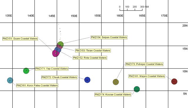 map showing marine forecast zones near Guam