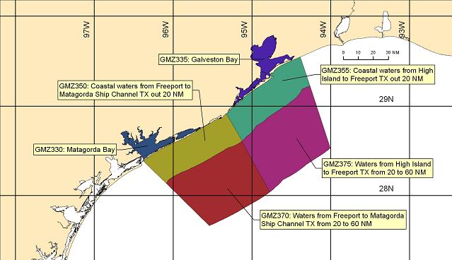 map showing marine forecast zones near Galveston, TX